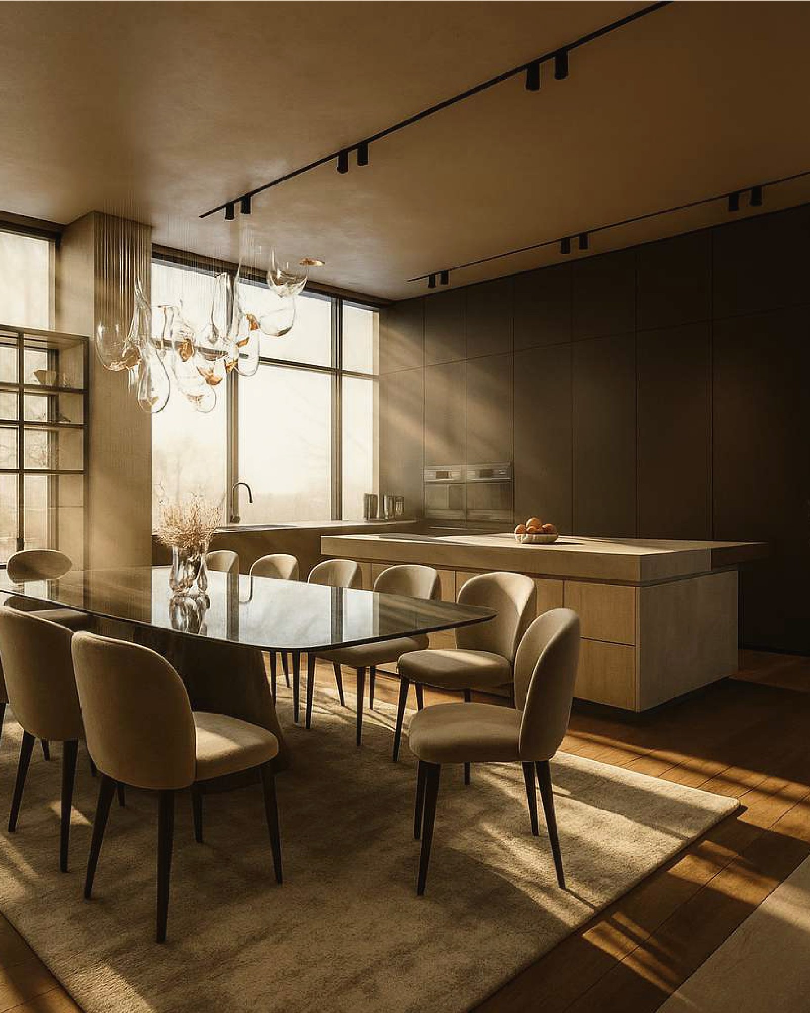 Long dining table with upholstered chairs and sculptural pendant lighting