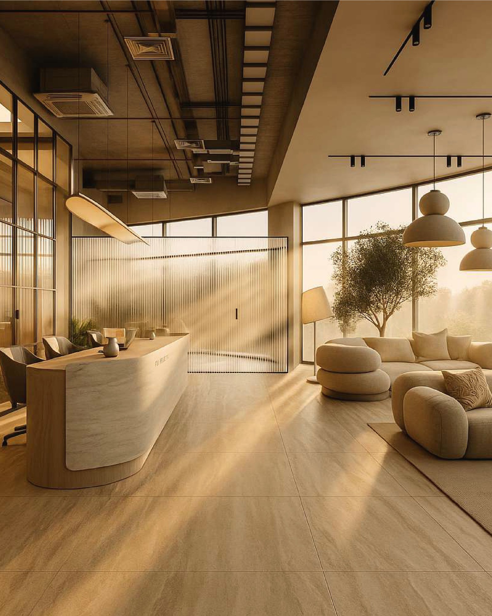 Warm evening entrance in a showroom design visualisation