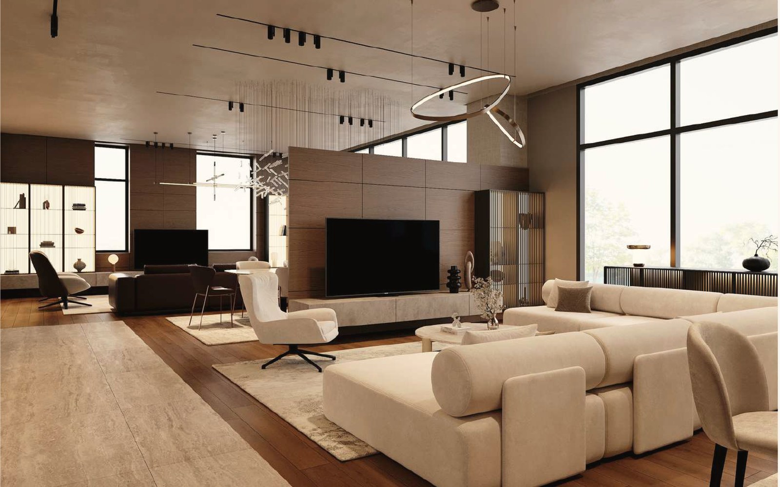 Open living room with curved seating, low tables and warm timber surfaces